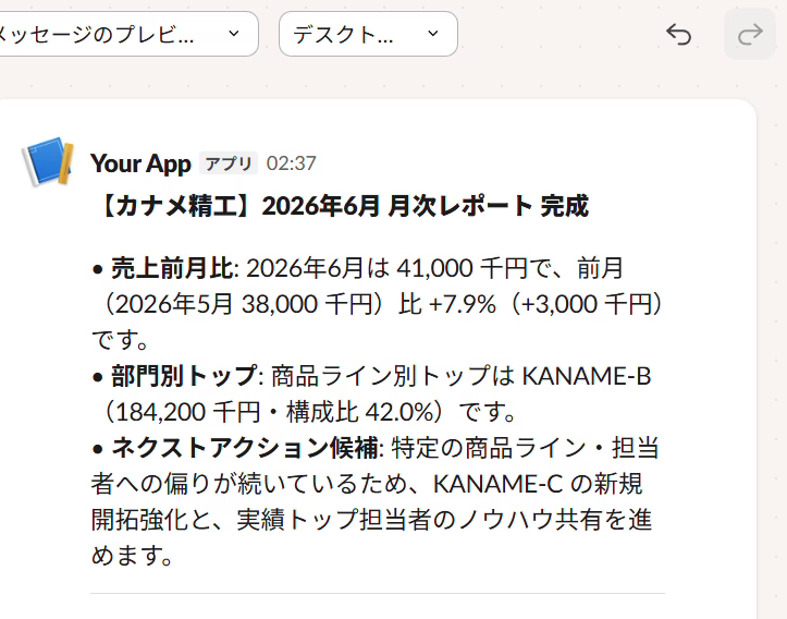 毎月自動で Slack に配信される月次レポート通知（実画面）