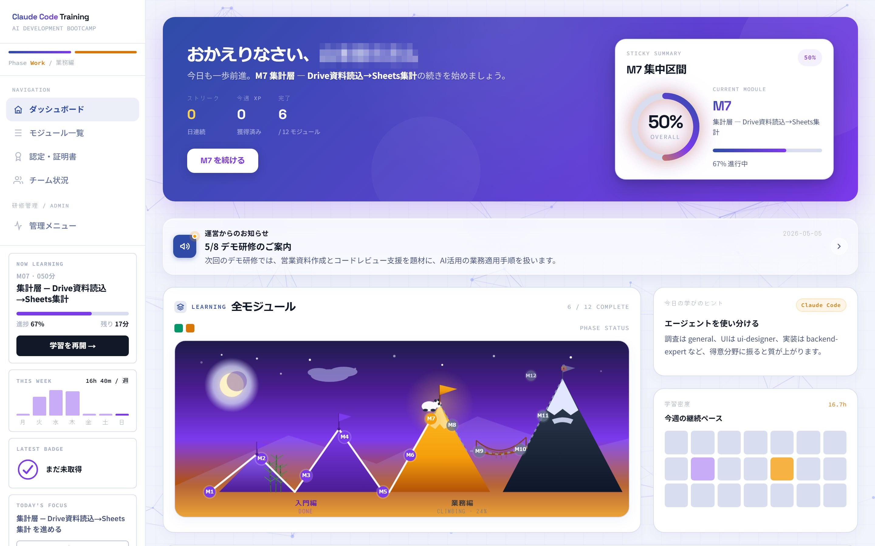 受講者ダッシュボード：進捗リングと到達度